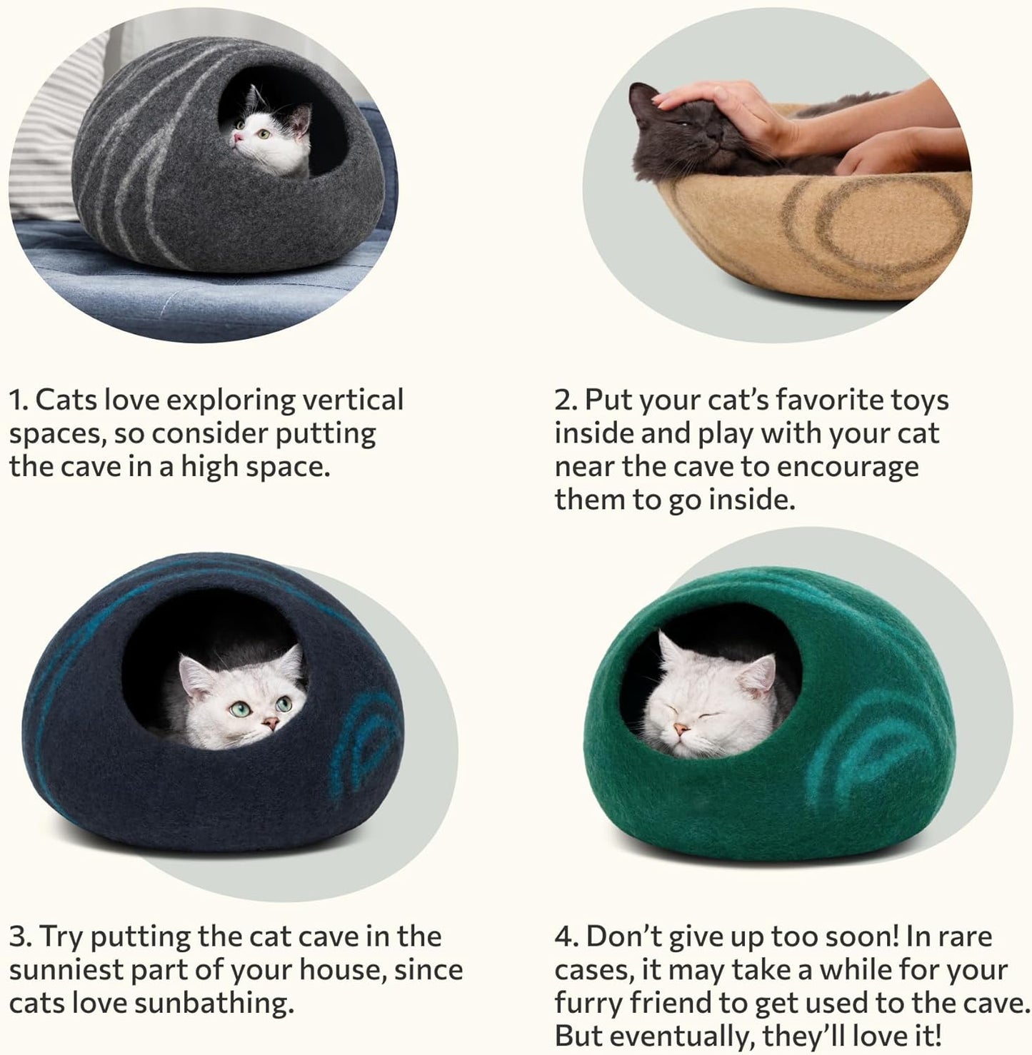 Premium Felt Cat Bed Cave - Handmade 100% Merino Wool Bed for Cats and Kittens (Light Shades) (Medium, Light Grey)